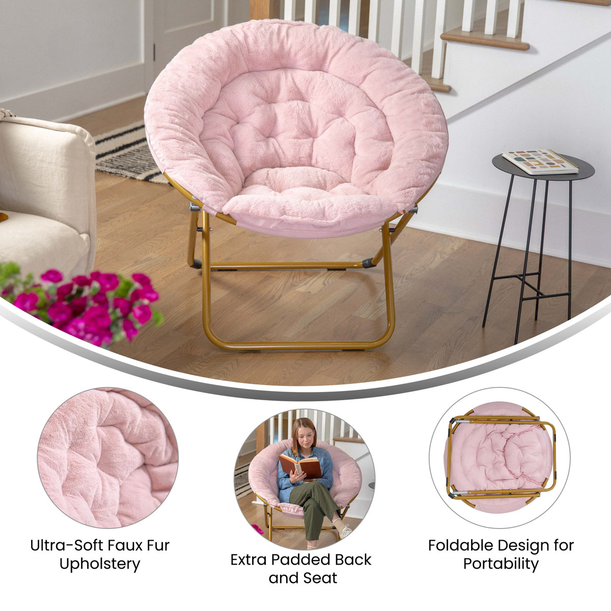 Gwen Folding XL Faux Fur Saucer Chair for Dorm or Bedroom